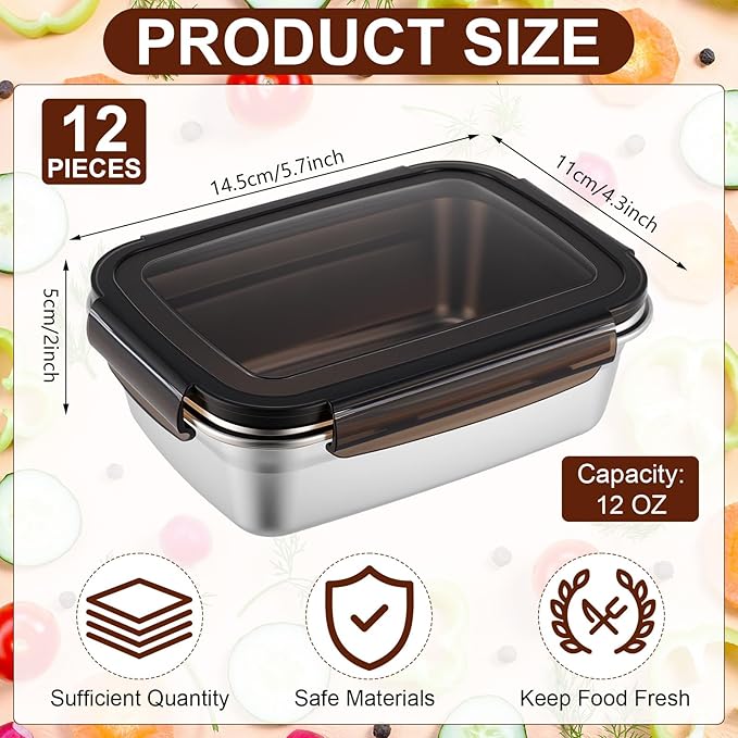 Acellegic 12 Pcs 304 Stainless Steel Food Storage Containers with Lid, Airtight Metal Food Containers Reusable Stackable Bento Meal Lunch Box Freezer/Dishwasher Safe for Kitchen Travel(12oz/ 350 ml)