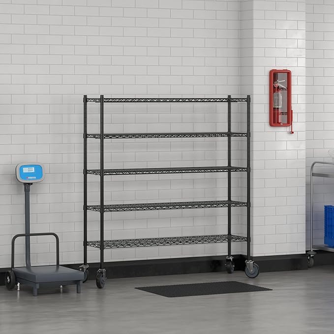 Commercial NSF Listed Black Epoxy Mobile Wire Shelving Kit 14" x 54" x 60", with 5 Shelves Perfect for Warehouse, Walk-in Refrigerator, Freezer, Grocery Store, Restaurant, Dishroom