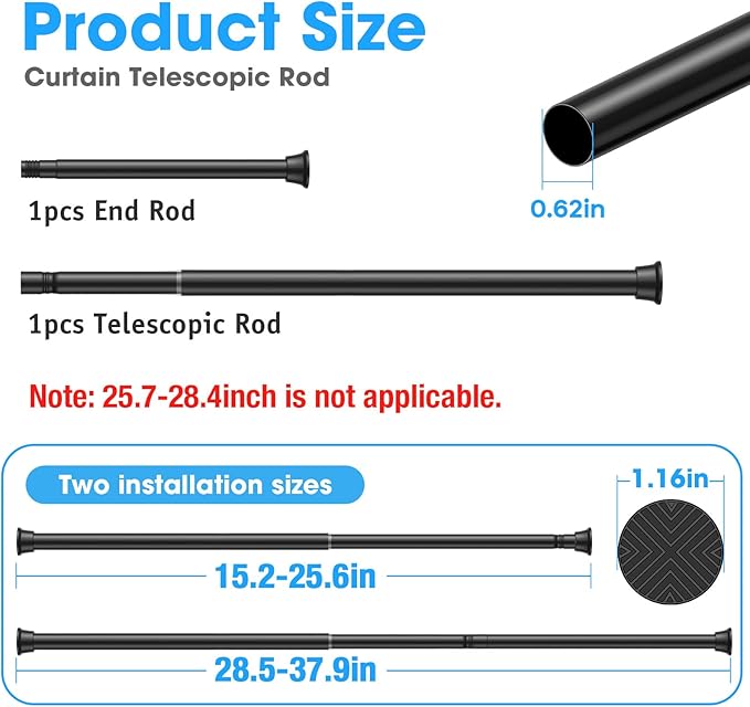 MEXAU Black Tension Curtain Rods18 to 36 Inch,Small Curtain Rods No Drilling,Short Spring Tension Rod for Windows Door Closet,Pressure Rod
