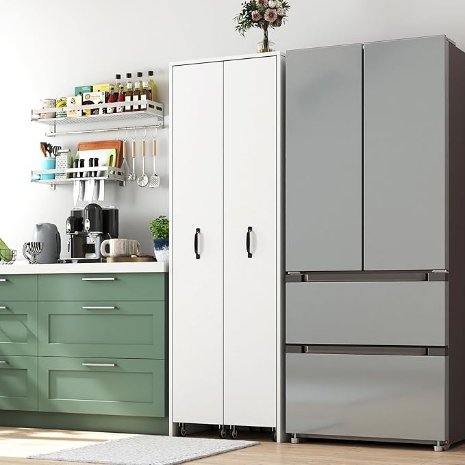Bookcase with Two Pulled Out Doors Shelving Cabinet,4 Tier Floor Standing Bookcase,Slide Out Storage Bookcase File Cabinet,Office Bedroom Living Room Hidden Storage Cabinet with Wheels