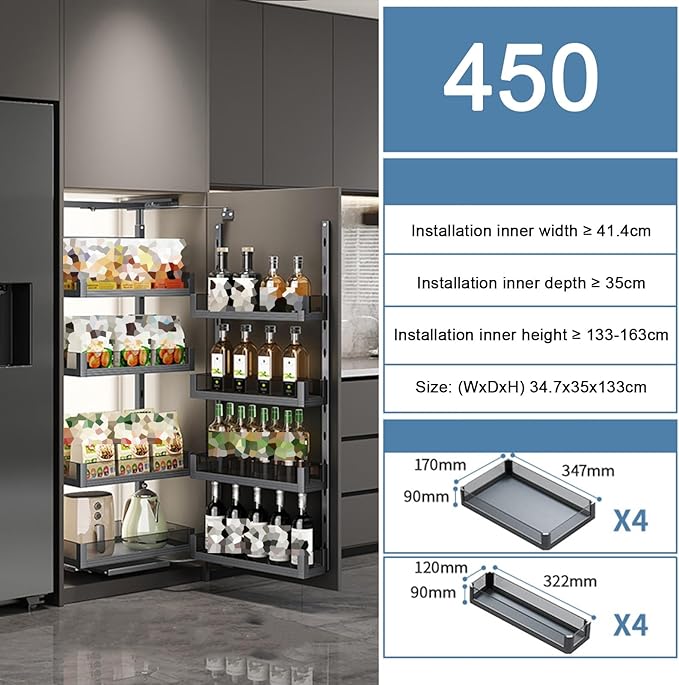 WIGING 4-Tier Narrow Cabinet Pull-Out Basket, High Cabinet Pull-Out Storage Rack with Adjustable Dividers for Kitchen Bathroom Pantry, Single-Layer Load Capacity: 15kg(34.7x35x133cm)