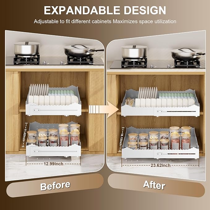 Pull Out Cabinet Organizer 2PCS, 4-Way Width (11"-18") and Depth (13"-24") Expandable Pull Out Drawers for Cabinets – One Size Fits Most! No Drill, Heavy-Duty Metal Organizer for Pantry, Kitchen White
