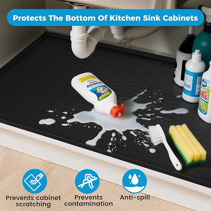 URMONA 22'' x 22'' Waterproof Silicone Under Sink Mat Cabinet and Counter Protector, Shelf Liner for Kitchen and Bathroom, Storage and Organizers, Litter Mat, Pet Cat Puppy Essentials（Charcoal）