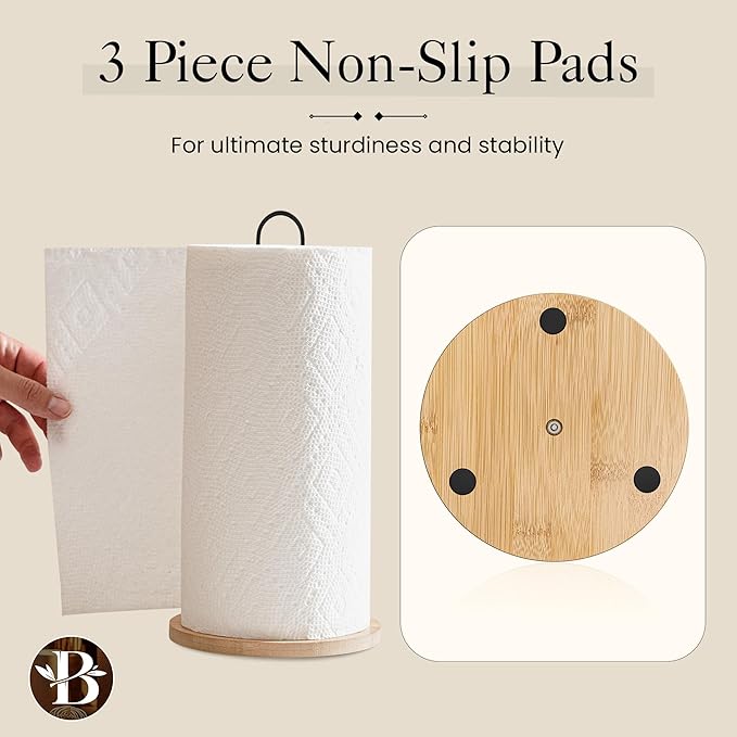 Wooden Paper Towel Holder Countertop – Bambüsi Freestanding Kitchen Paper Towel Stand with Non-Slip Base, Easy Install Durable Modern Farmhouse Decor, Fits Standard & Large Rolls for Kitchen, Bathroom