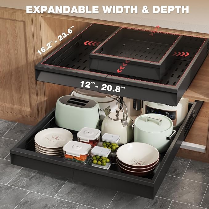4 Pack Pull Out Cabinet Organizer Expandable Width (12"-20.8") & Depth (16.2"-23.6"), 3 Slide Rails Slide Out Drawers with Handle, Includes Raising Pad for Framed Cabinets, Black