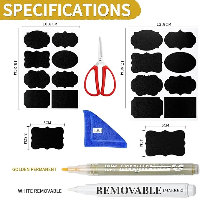 Reusable Self-Adhesive Jar Labels – 160-Piece Chalkboard Sticker Set with Gold Pen, Cleaning Towel & Scissors, Easy-Peel Vinyl Jam Jar Labels for Jars, Bottles, Pantry Containers & More