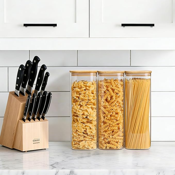 Rectangle Glass Storage Containers with Lids, Glass Jars with Bamboo Lids for Spaghetti, Pasta, Kitchen Pantry Storage Containers (2 pack 2.2qt)