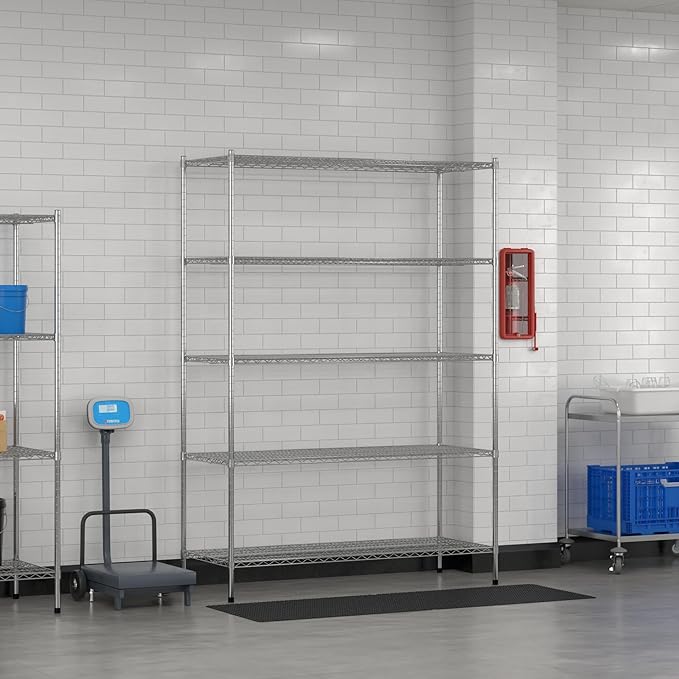 Commercial NSF Listed Chrome Stationary Wire Shelving Kit 24" x 60" x 86", with 5 Shelves Perfect for Warehouse, Walk-in Refrigerator, Freezer, Grocery Store, Restaurant, Dishroom