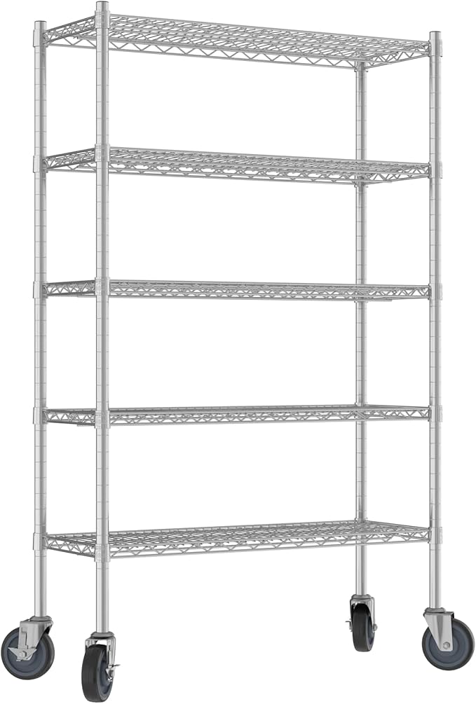 Commercial NSF Listed Chrome Mobile Wire Shelving Kit 14" x 36" x 60", with 5 Shelves Perfect for Warehouse, Walk-in Refrigerator, Freezer, Grocery Store, Restaurant, Dishroom