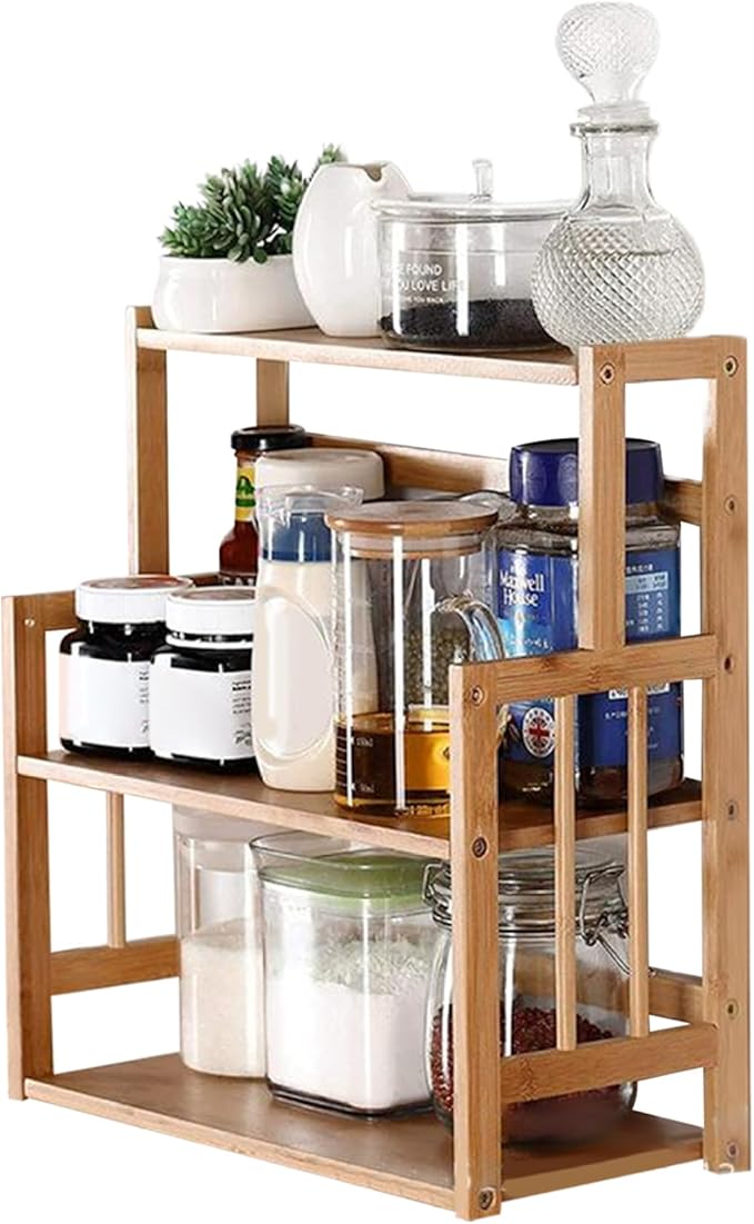 Bamboo Shelves, 15x7.5x16.5 Inch 3-Tier Wooden Spice Rack, With Adjustable Shelf Kitchen Countertop Organizer, Easy Installation Kitchen Counter Shelf for Dining Room Countertop Organizer