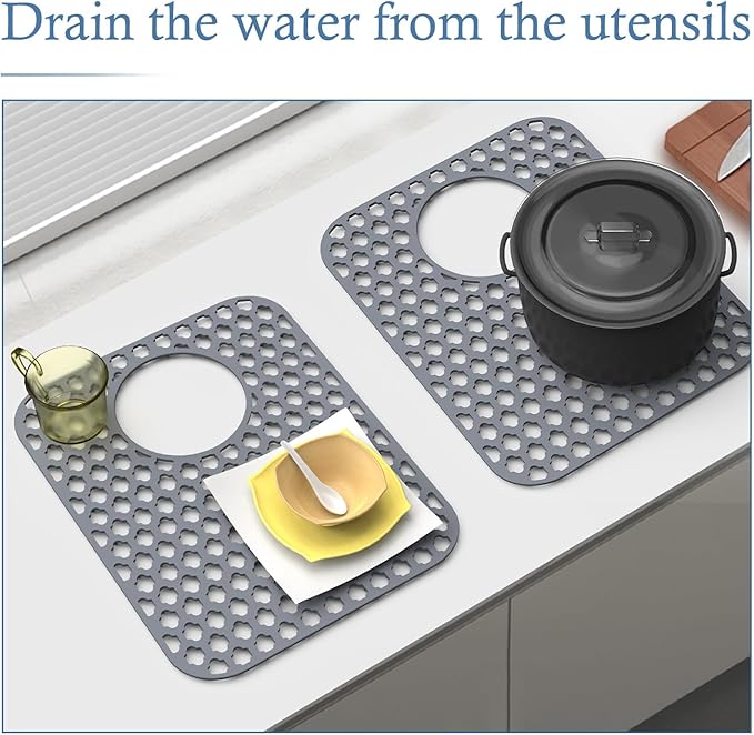 BEHOK 2 Pack Silicone Sink Protector for Kitchen Sink Bathroom, 13.58" x 11.6" Heat-resistant Sink Mat Non-Slip and Durable Silicone Protectors, Rear Drain, Gray