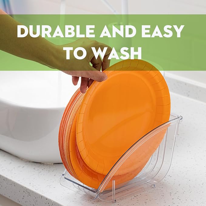 Ziliny 4 Pcs 10 Inch Paper Plate Holder Plastic Dinner Dish Drainer Paper Plate Dispenser Organizer for Kitchen Cabinets Storage Rack Dish Cradle for Countertop