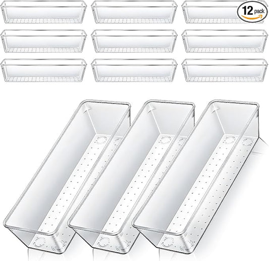Dimeho 12 PCS Drawer Organizers Clear Plastic Vanity Drawer Dividers Kitchen Silverware Utensil Storage Desk Storage Tray for Bathroom Bedroom Office Makeup Jewelry 9 x 3 x 2 Inches