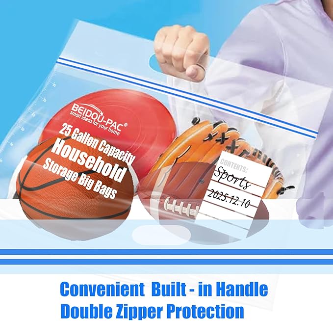 BEIDOU-PAC 25 Gallon Jumbo Storage Bags with Handle, 15 Count | Double Zipper Seal | Expandable Bottom, Resealable Clear zip Bags for Home, Travel, Moving, Commercial and Outdoor