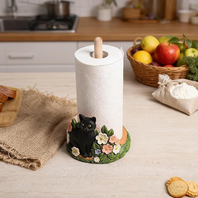 WAIT FLY Black Cat and Flower Paper Towel Holder Stand Resin Tissue Stand Roll Holder for Kitchen Countertop Restaurant Cafe