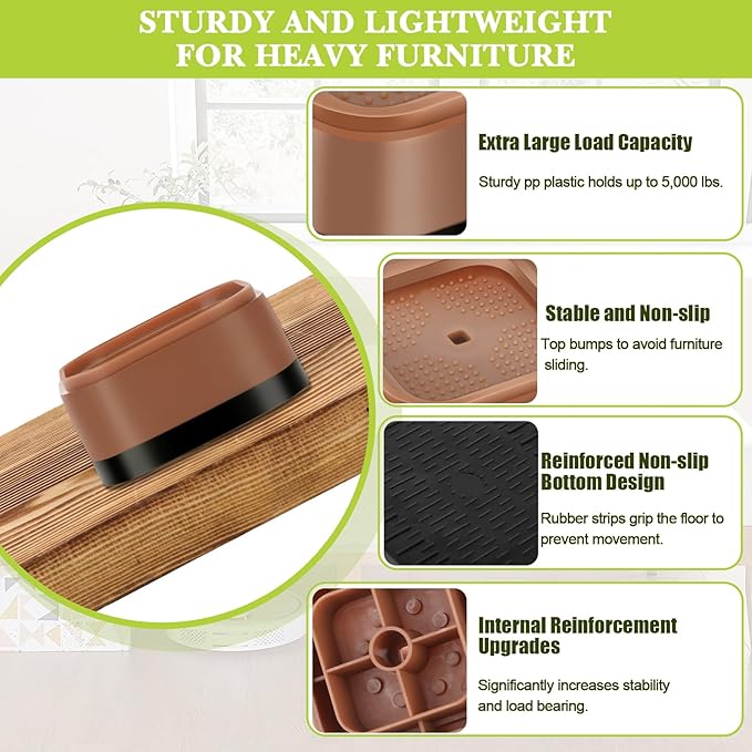 6 Pack Furniture Risers 1 Inch, Adjustable Bed Risers Heavy Duty for Table Desk Couch Chair Sofa Cabinet Bed Legs Dorm, Square Stackable Bed Raisers Blocks Lift Height 1", 2" or 3", Brown