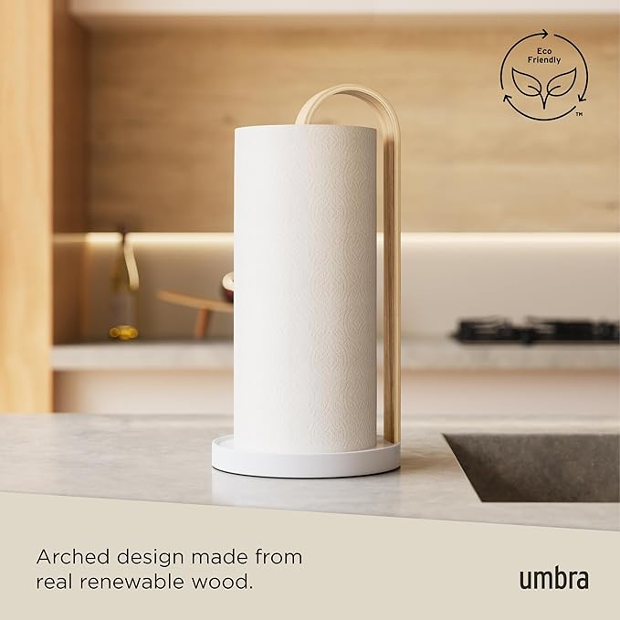 Umbra Bellwood Paper Towel Holder for Kitchen Countertop, with Real Wood Stand and Weighted Metal Base, White/Natural