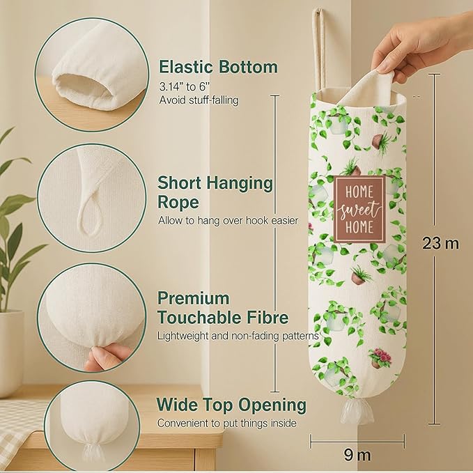 Plastic Bag Holder, Home Sweet Home Plastic Bag Holder for Kitchen Essentials, Bags Holders for Plastics Bags Groceries Store, Leaf Reusable Trash Sack Storage Dispenser to Kitchen Decor