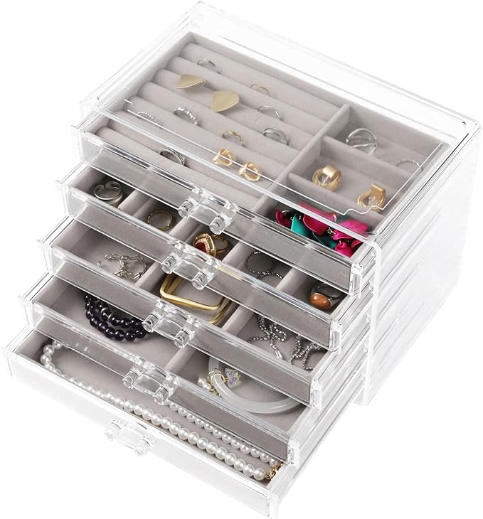Clear Jewelry Organizer with 5 Drawers, Earring Organizer Jewelry Boxes for Women, Acrylic Earrings Display Holder for Storing Necklaces Earrings Rings, Grey