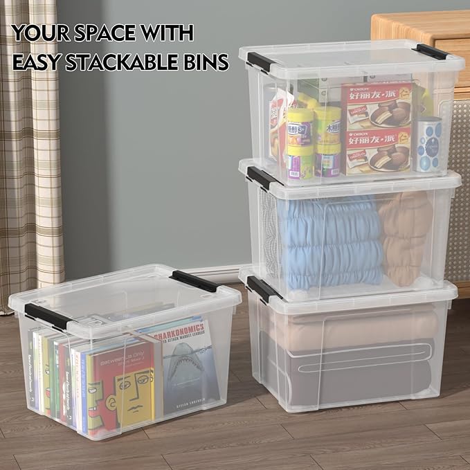 Parlynies 4-Pack Holiday Tote, Plastic Storage Organizer Bins with Wheels, 50 L, Clear, Stackable Organizing Containers for Home, Garage, and Office