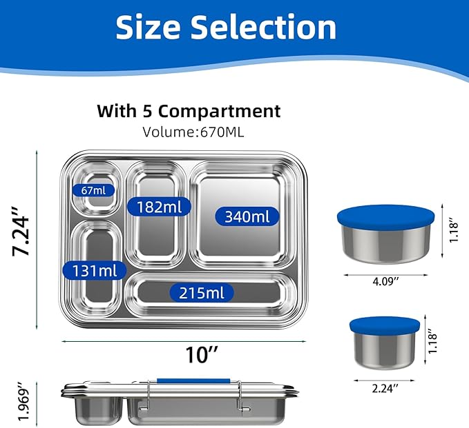 Stainless Steel Bento Box for Adults, 5-Compartments Leak-Resistant Stainless Steel Lunch Container with 2 Container, Dishwasher-Safe,Design for Office Picnics and Travel,BPA-Free Blue