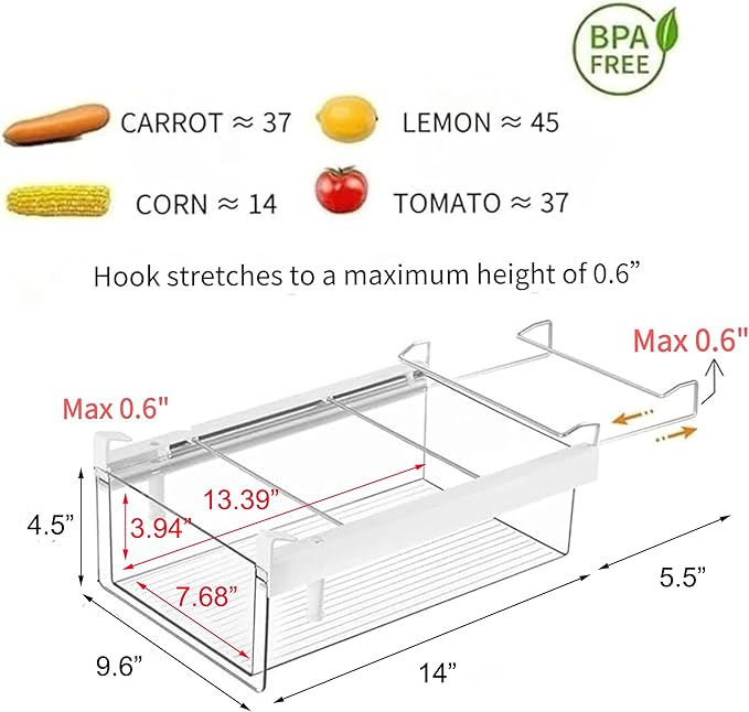 vacane Upgraded Refrigerator Drawers Organizer - Pull Out Fridge Bins with Handle, Extra-Long 19.5" Stretchable and Deep Storage