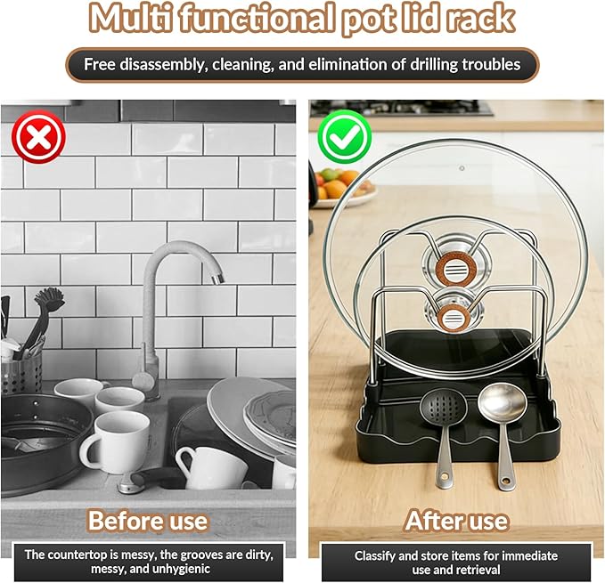 Kitchen Pot Lid Storage Rack, Pot-Lid Cutting Board Holder With Removable Drip Tray, Space-Saving Kitchen Pot Cover Organizer Stand for Countertop (1pc Black)