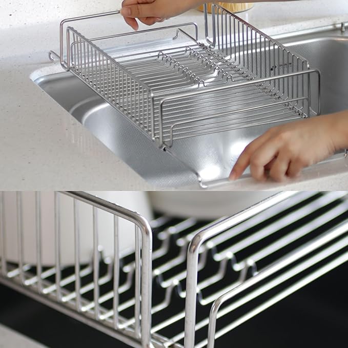 Expandable Over The Sink Dish Drying Rack – Adjustable SUS 304 Stainless Steel Dish Drainer (14"–24" Length), Rust-Resistant Large Drying Organizer, Compact Space Saving Kitchen Rack