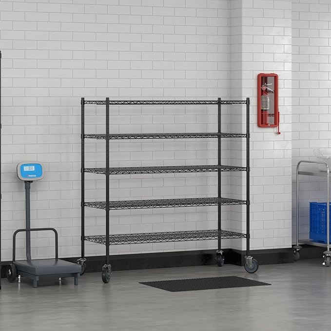 Commercial NSF Listed Black Epoxy Mobile Wire Shelving Kit 21" x 54" x 60", with 5 Shelves Perfect for Warehouse, Walk-in Refrigerator, Freezer, Grocery Store, Restaurant, Dishroom