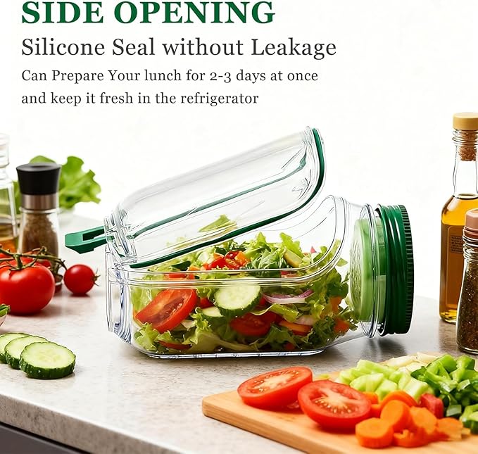 Original salad container with green lid, 32-ounce food storage jar, suitable for meal prep, lunch, travel, portable (1 piece) with a complimentary stylish fork