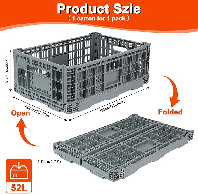 Shineyaplus Collapsible Milk Crate, 1 pck 52L(13GAL) Stackable Storage Bins, Heavy Duty Storage Crates, Plastic Crates for Grocery, Warehouse Organization - Extra Large, Holds 130 lbs Per Bin