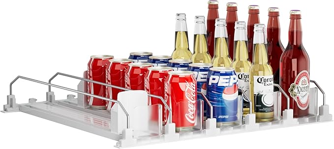 OKITCHEN Drinks Organizer for Fridge and Pantry, Soda Can and Bottle Dispenser for Refrigerator with Automatic Pusher Glide, 5 Rows Holds Up to 25 Cans