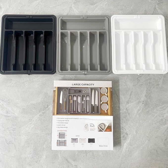 YWHWXB Silverware Drawer Organizer,Expandable Utensil Tray,Large Kitchen Drawer Organizer,Adjustable Plastic Flatware Organizer for Flatware Cutlery Spoon Knives Drawer Storage Organization (White)