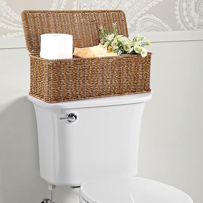 Sumnacon Wicker Storage Basket with Lid, Rectangular Narrow Baskets for Bathroom, Farmhouse Imitation Rattan Bin with Dividers, Decorative Handwoven Tray Organizer for Countertop Shelves Toilet Tank