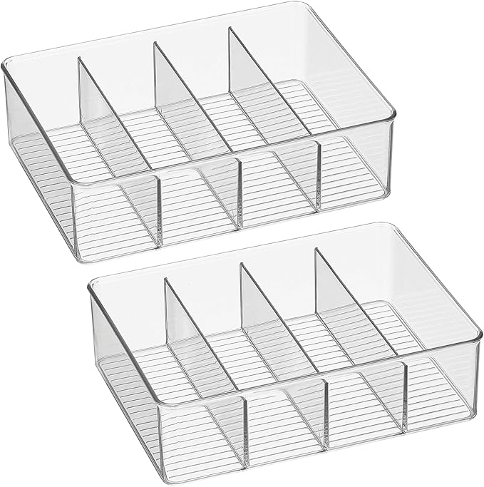 mDesign Plastic Stackable Tea Bag Storage Organizer Bin with 4 Divided Compartments - Holder for Kitchen Cabinet, Pantry, Countertop - Holds Sugar Packets, Coffee Pods, Ligne Collection, 2 Pack- Clear