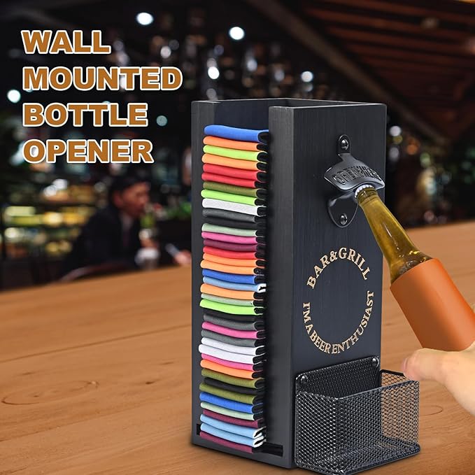 3-in-1 Can and Bottle Cooler Holder with Opener - Wooden Beer Sleeves Organizer & Dispenser - Wall Mounted Storage - Ideal for Home Bars and Parties(Black)