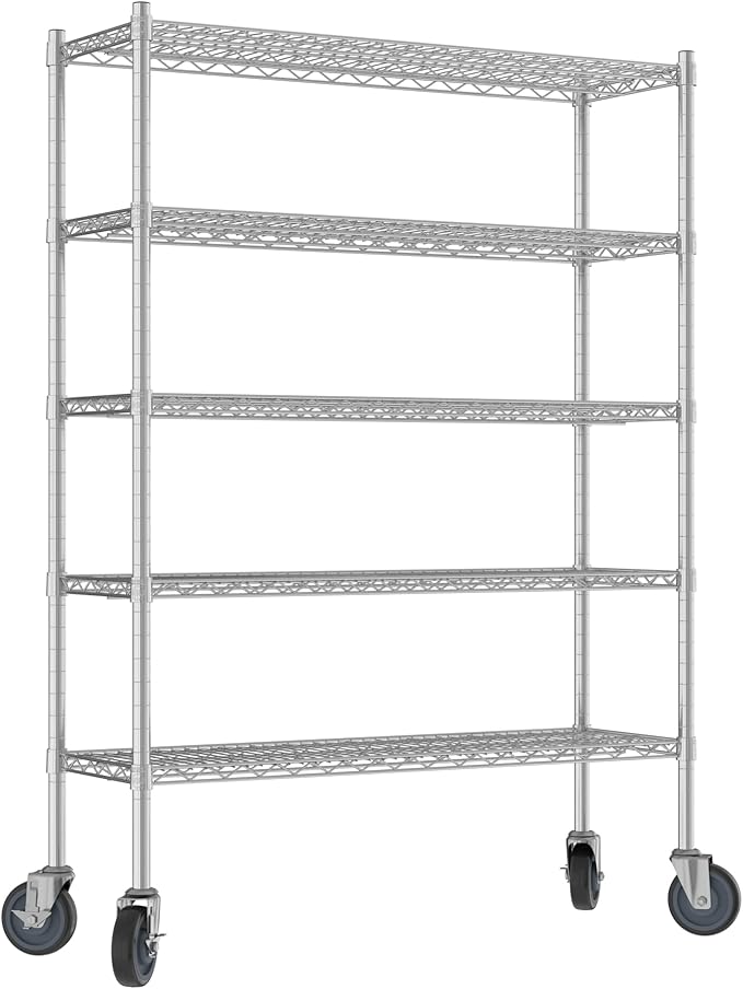 Commercial NSF Listed Chrome Mobile Wire Shelving Kit 14" x 42" x 60", with 5 Shelves Perfect for Warehouse, Walk-in Refrigerator, Freezer, Grocery Store, Restaurant, Dishroom