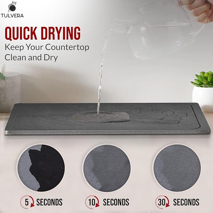 Stone Dish Drying Mat for Kitchen Counter – Diatomaceous Earth Drying Mat | Fast-Absorbing, Minimalist Design, Durable Diatomite | Non-Slip, Heat Resistant, Easy-to-Clean | 16"x12" | USA Brand