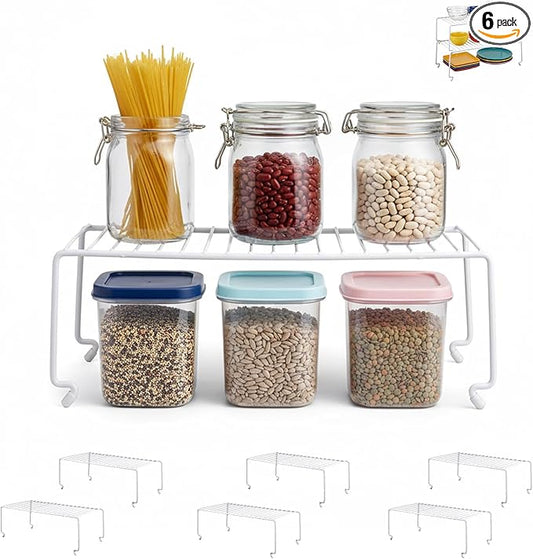 6-Pack Large (15.7x8.54inch) Multi-Level Organizer Rack, Kitchen Shelves for Spice Organization for Cabinet, Pantry Organizers and Storage, Wire Extra Shelf, Desk Organizer, Stackable, White