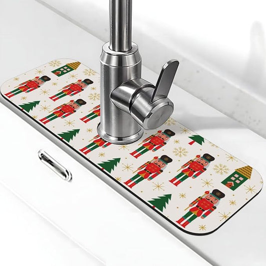 Nutcracker Christmas Tree Snowflakes Kitchen Sink Splash Guard Faucet Mat Super Absorbent Fast Drying Mat Sink Gadgets-Fast Drying Pad Sink Mat For Kitchen Bathroom (15" X 5.5" )