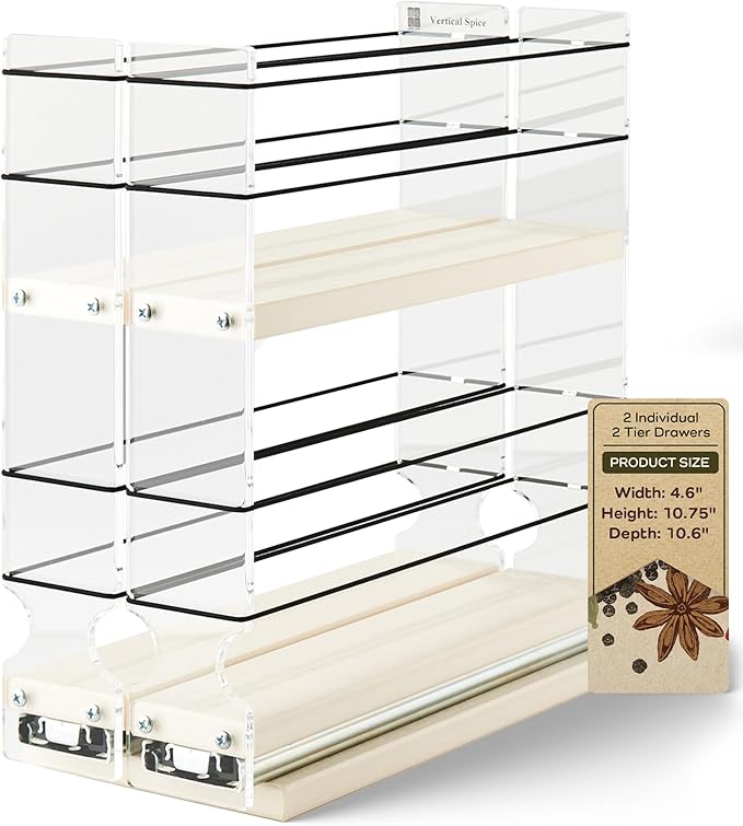 Vertical Spice - Narrow Pullout Spice Rack - Sliding Drawer for Kitchen Organization - Pantry Organizers and Storage - 2 Drawers & 2 Tiers - 20 Spice Jar Capacity (4.6" W x 10.75" H x 10.6" D, Cream)