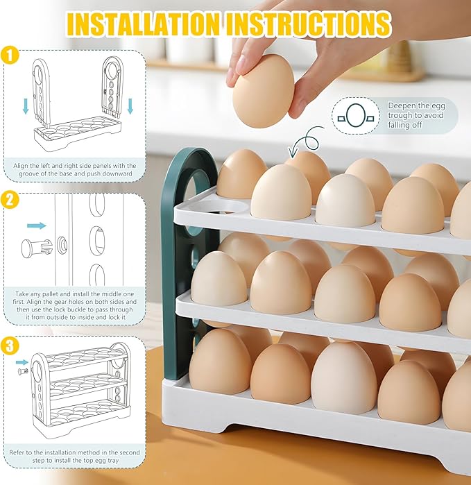 Flippable Egg Holder For Refrigerator Can store 30 eggs, 3 Layer Egg Storage Container For Refrigerator Side Door, Large Capacity Egg Container, Egg Organizer, Egg Storage 30 Count (white)