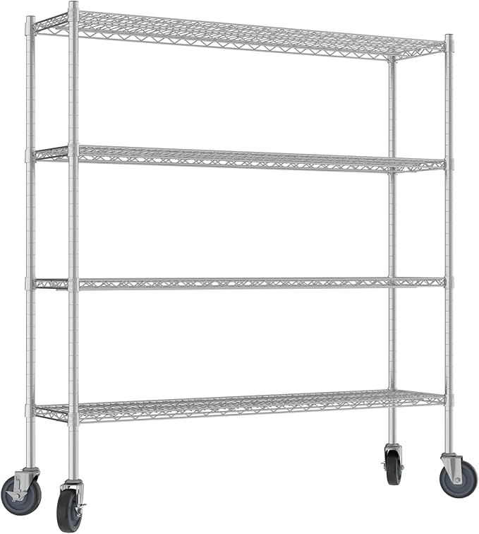 Commercial NSF Listed Chrome Mobile Wire Shelving Kit 14" x 54" x 60", with 4 Shelves Perfect for Warehouse, Walk-in Refrigerator, Freezer, Grocery Store, Restaurant, Dishroom
