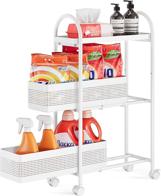 KINGRACK 3-Tier Slim Storage Cart with Pull Out Basket, Rolling Bathroom Organizer Utility, Metal Shelving Unit Slide Out, Lockable Wheels, Easy Assembly for Narrow Place, Kitchen, Laundry Room, White