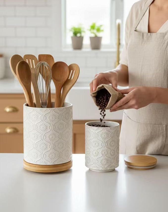 TEATALK Utensil Holder Set of 2, 7.7"+5.7" Ceramic Kitchen Utensil Holder for Countertop, Farmhouse Vintage Utensil Crock, 360° Rotating Large Utensil Organizer, White