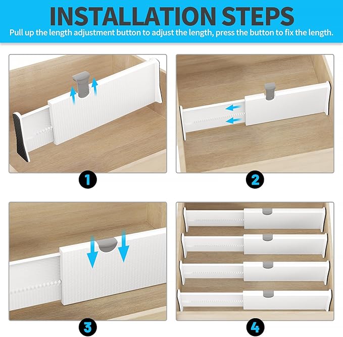 Drawer Dividers Organizer, Adjustable Separators 4" High Expandable from 11-17" for Bedroom, Bathroom, Closet, Clothing, Office, Kitchen (White, 4 PACK)