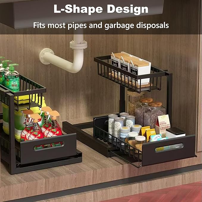 Geanbioso 2 Tier Under Sink Organizer, Storage for Kitchen Bathroom,Pull Out Cabinet Organizer Slide Out Sink Shelf Cabinet Storage Shelves (Black, 1 Pack)