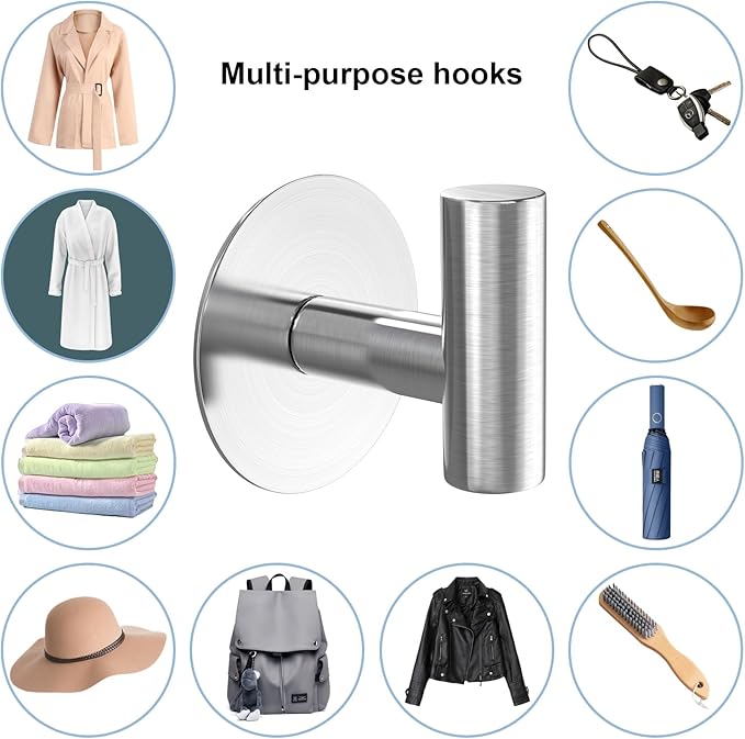 VINHOLD Heavy Duty Self-Adhesive Coat Hooks, Stainless Steel Towel Hooks for Bags, Towels, Robes, Hats, Aprons – No Drill Bathroom, Kitchen, Hotel Wall Hooks (2 Pack, Silver)