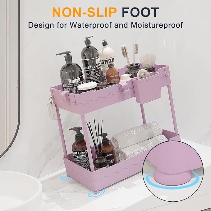 Sevenblue 2 Pack Under Sink Organizer, Under Bathroom Cabinet Organizer with Hooks Hanging Cup, Multi-Purpose Storage Shelf for Kitchen Bathroom (Pink, XL)