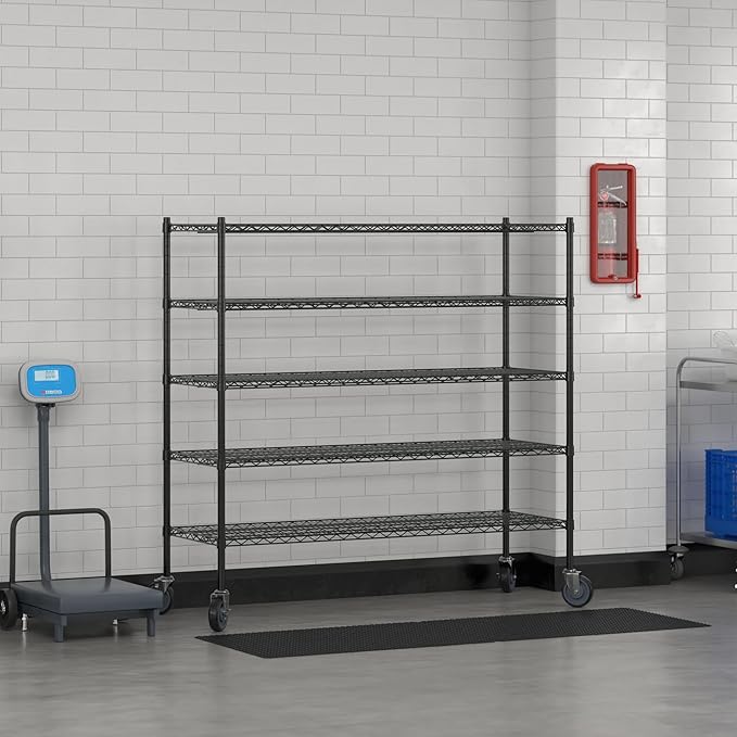 Commercial NSF Listed Black Epoxy Mobile Wire Shelving Kit 21" x 60" x 60", with 5 Shelves Perfect for Warehouse, Walk-in Refrigerator, Freezer, Grocery Store, Restaurant, Dishroom
